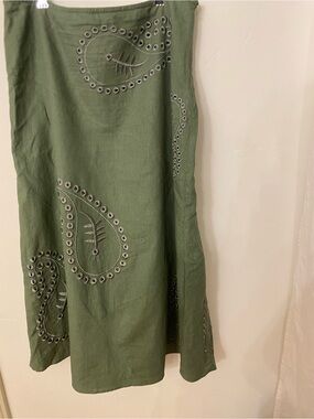 Tweeds Olive Paisley Eyelet Linen Midi Skirt